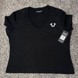 True Religion Women's Black Tee with Silver Logo